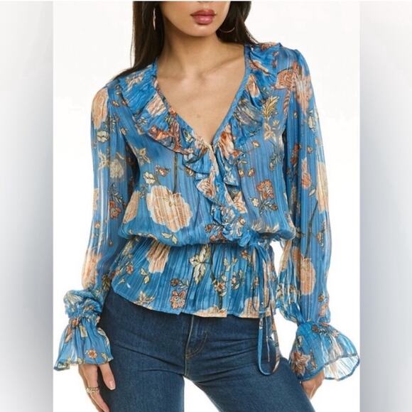 Ramy Brook | Veronica Floral Ruffled Peplum Blouse Top Long Sleeves Blue Small - Picture 1 of 9
